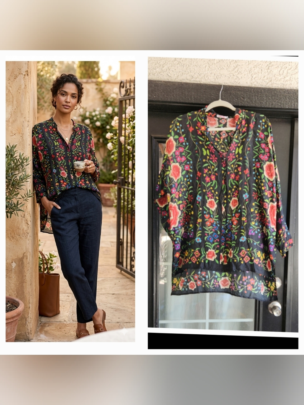 Floral V-Neck Black Blouse - Lightweight Women’s Top